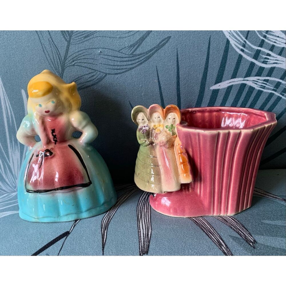 2 Dutch Girl Planters Vase Ceramic Vintage MCM Retro Art Deco